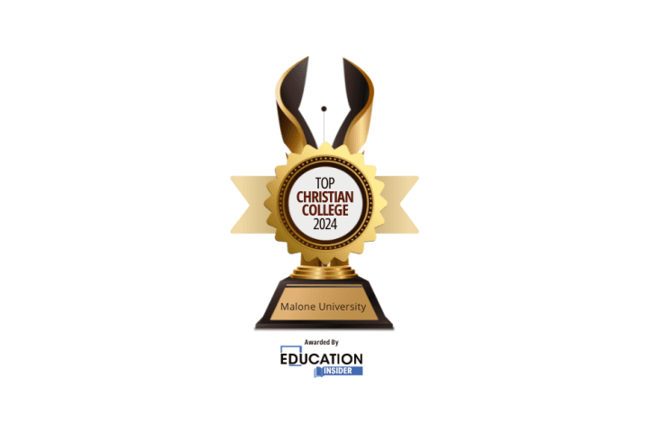 trophy with the both the Top Christian College Award badge and Malone University included