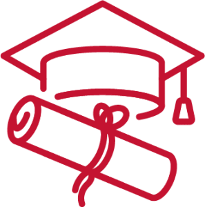 red outline of graduation hat and rolled diploma