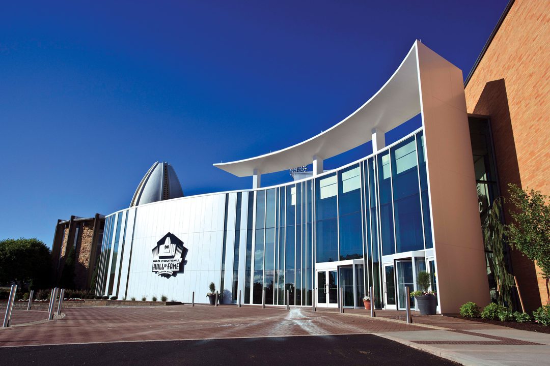 The windows and exterior of the Pro Football Hall of Fame in Canton, Ohio