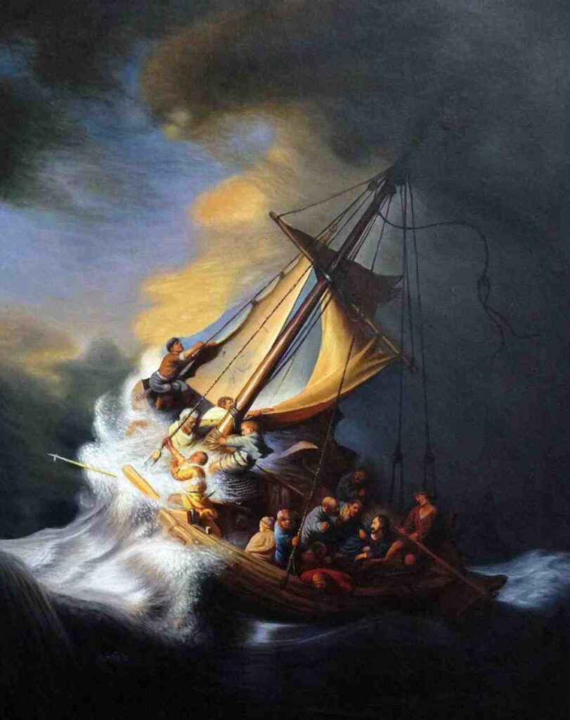 a paining of men trying to keep afloat on a ship during a storm 
